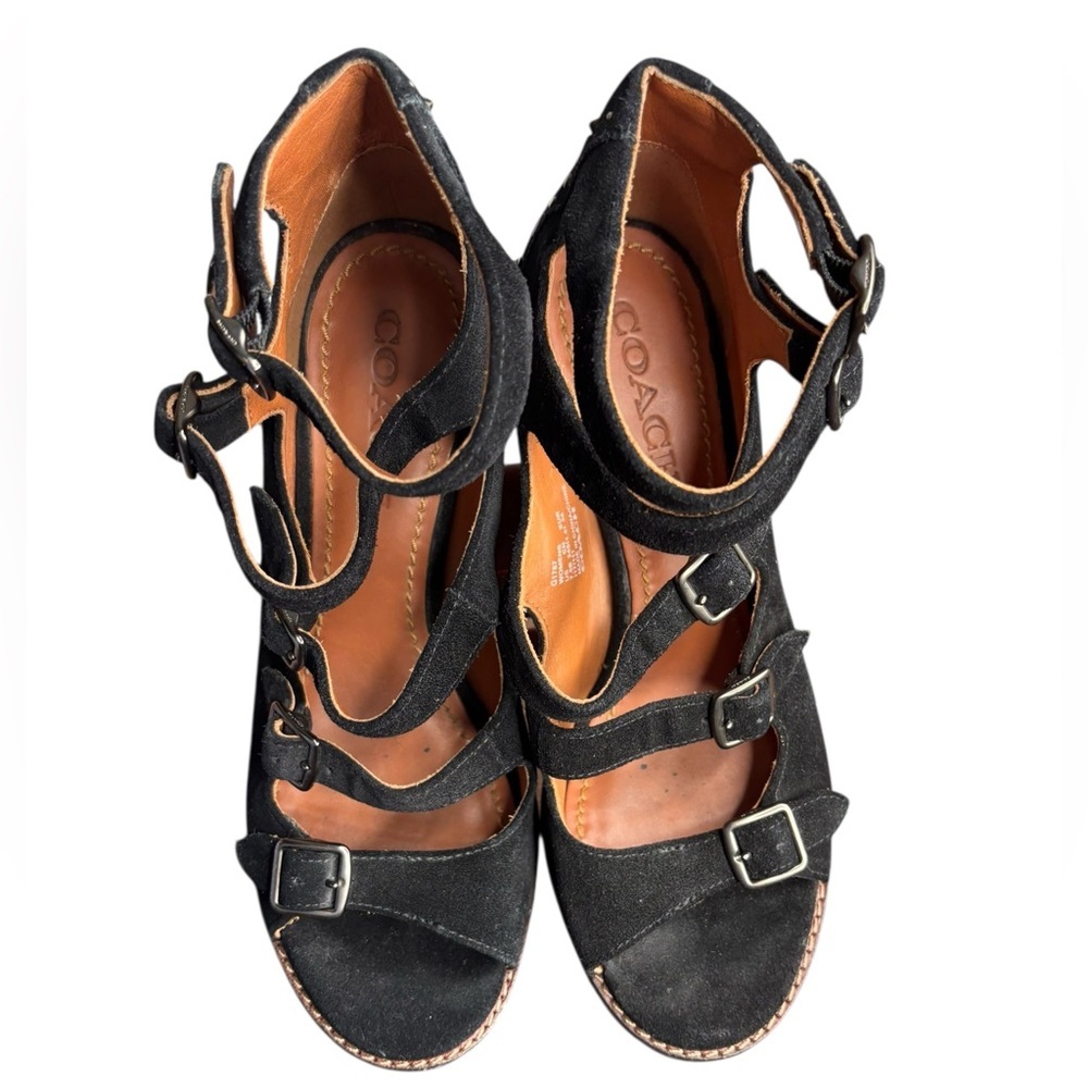 Coach Leather Women's Buckle Bootie Prairie Rivets Open Toe Black Suede Size 7.5 - Picture 7 of 11